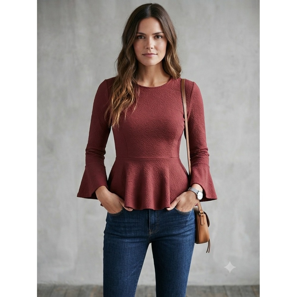 Sunday in Brooklyn Burgundy Textured Peplum Top Bell Sleeve Blouse Small
